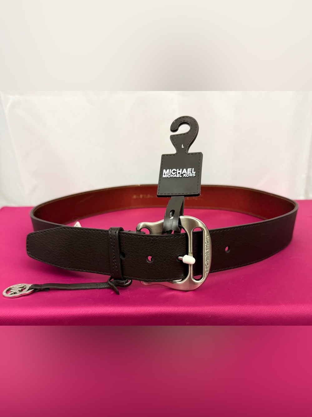 Michael Kors Dark Brown Leather Belt w/Brushed Silver Buckle & Medallion Large